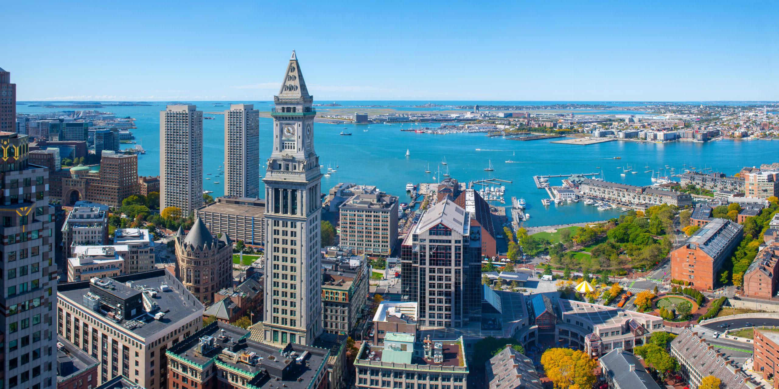 Boston Custom House and harbor waterfront aerial view panorama, Boston, Massachusetts, MA, USA.